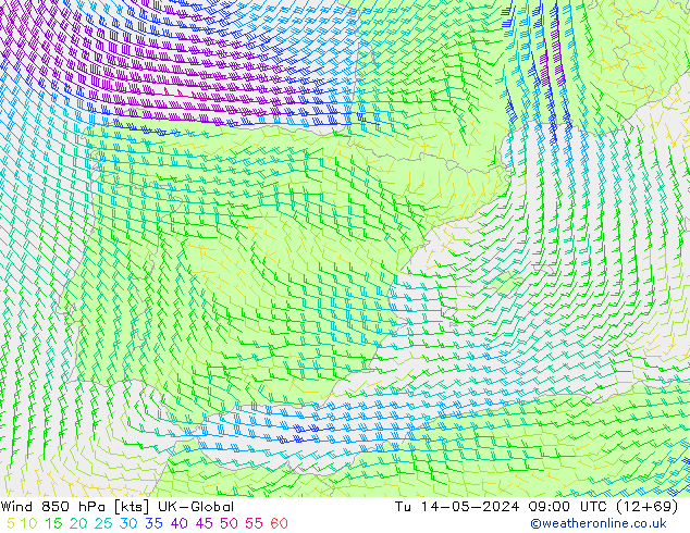 Wind 850 hPa UK-Global di 14.05.2024 09 UTC