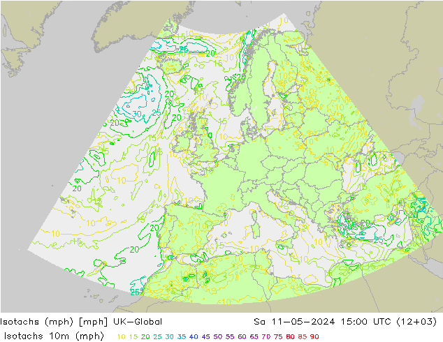 Isotachen (mph) UK-Global Sa 11.05.2024 15 UTC