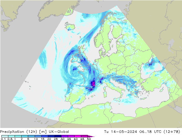 Precipitation (12h) UK-Global Út 14.05.2024 18 UTC