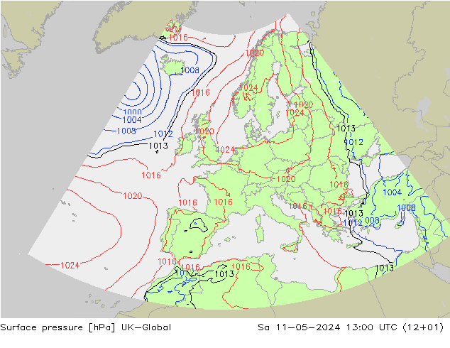 地面气压 UK-Global 星期六 11.05.2024 13 UTC