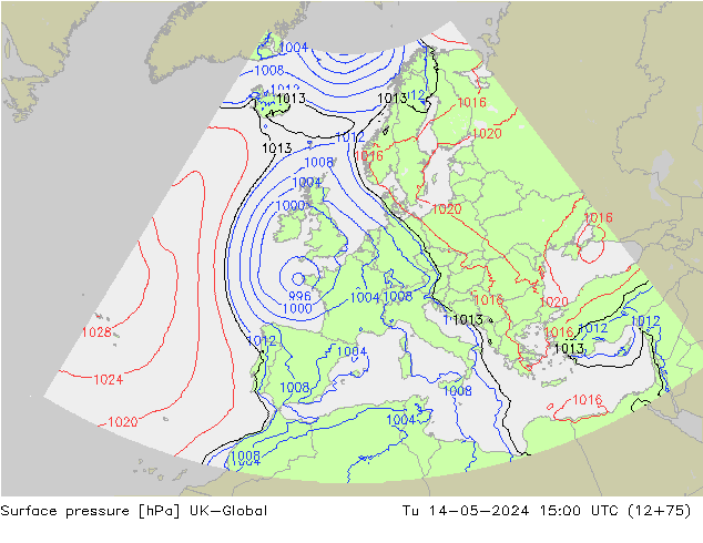 Surface pressure UK-Global Tu 14.05.2024 15 UTC