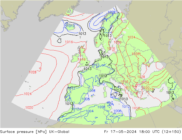 Pressione al suolo UK-Global ven 17.05.2024 18 UTC