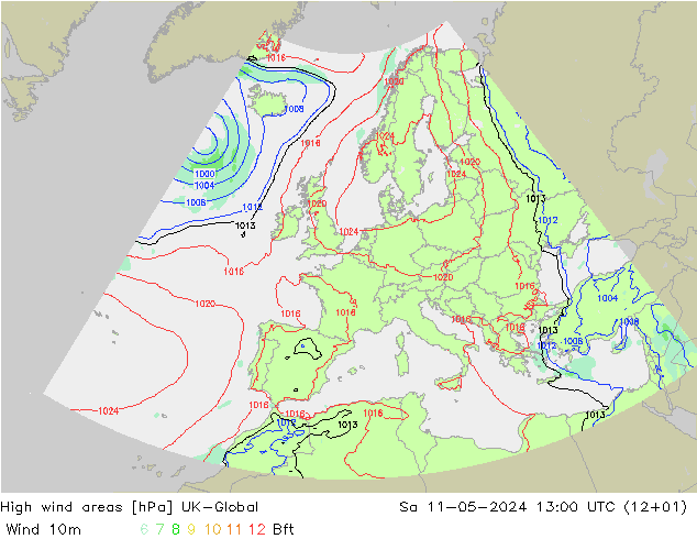 High wind areas UK-Global 星期六 11.05.2024 13 UTC