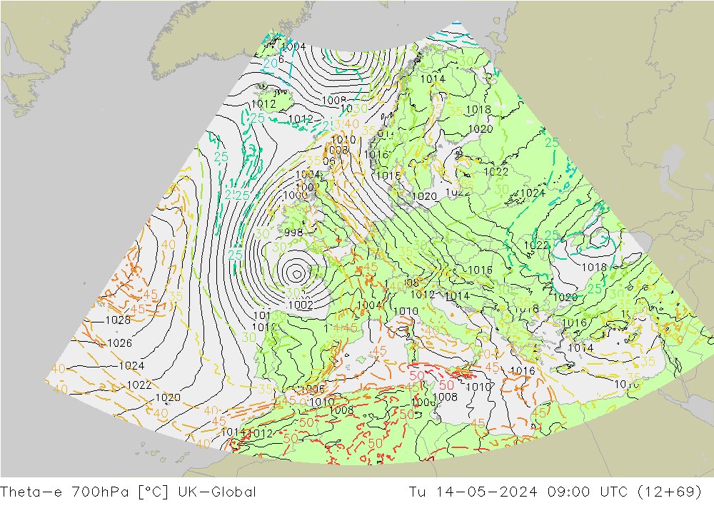 Theta-e 700hPa UK-Global Tu 14.05.2024 09 UTC