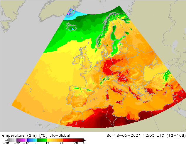 Temperaturkarte (2m) UK-Global Sa 18.05.2024 12 UTC