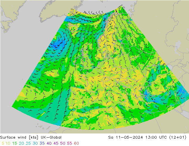 Wind 10 m UK-Global za 11.05.2024 13 UTC