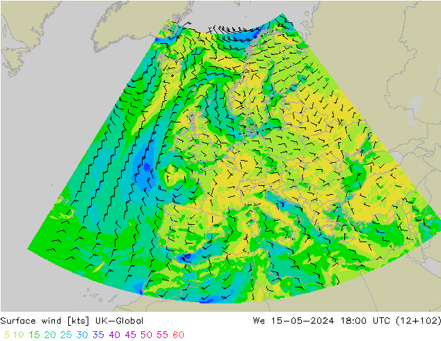 Surface wind UK-Global We 15.05.2024 18 UTC