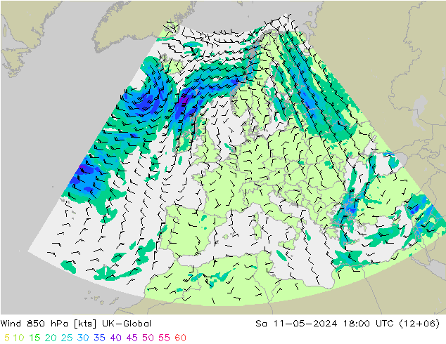 风 850 hPa UK-Global 星期六 11.05.2024 18 UTC