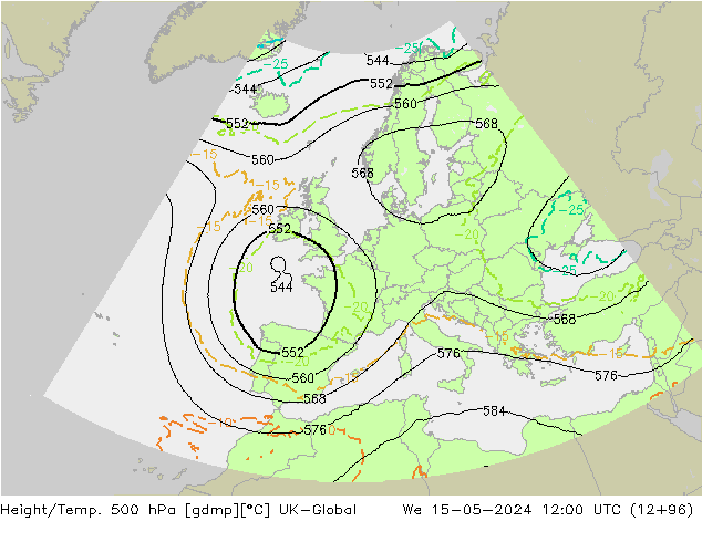 Height/Temp. 500 гПа UK-Global ср 15.05.2024 12 UTC