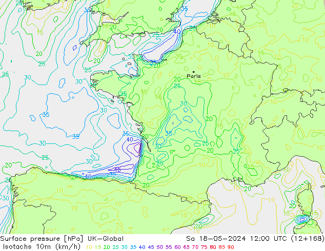 Izotacha (km/godz) UK-Global so. 18.05.2024 12 UTC