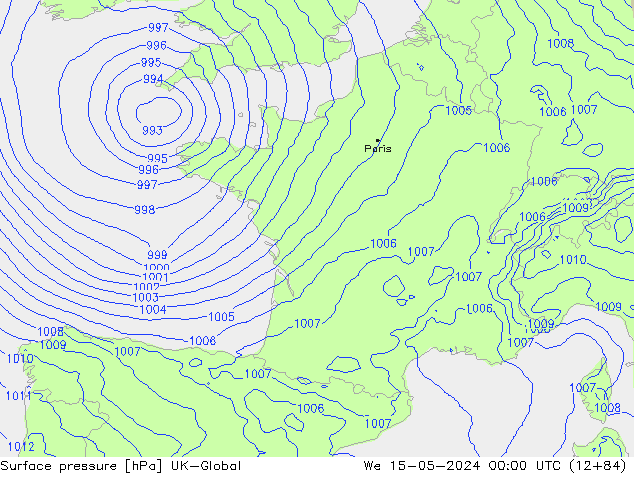 Pressione al suolo UK-Global mer 15.05.2024 00 UTC