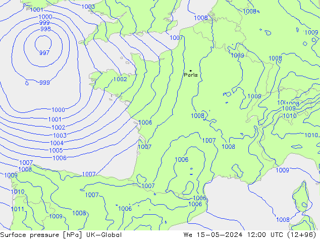 Presión superficial UK-Global mié 15.05.2024 12 UTC