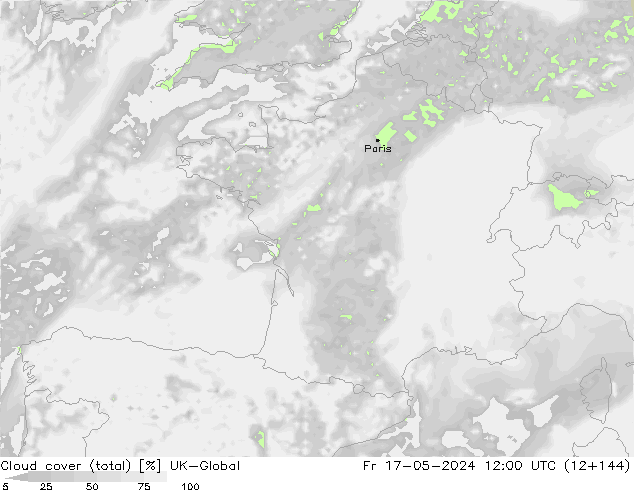 Cloud cover (total) UK-Global Pá 17.05.2024 12 UTC