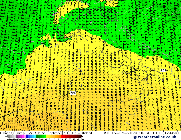 Height/Temp. 700 hPa UK-Global Qua 15.05.2024 00 UTC