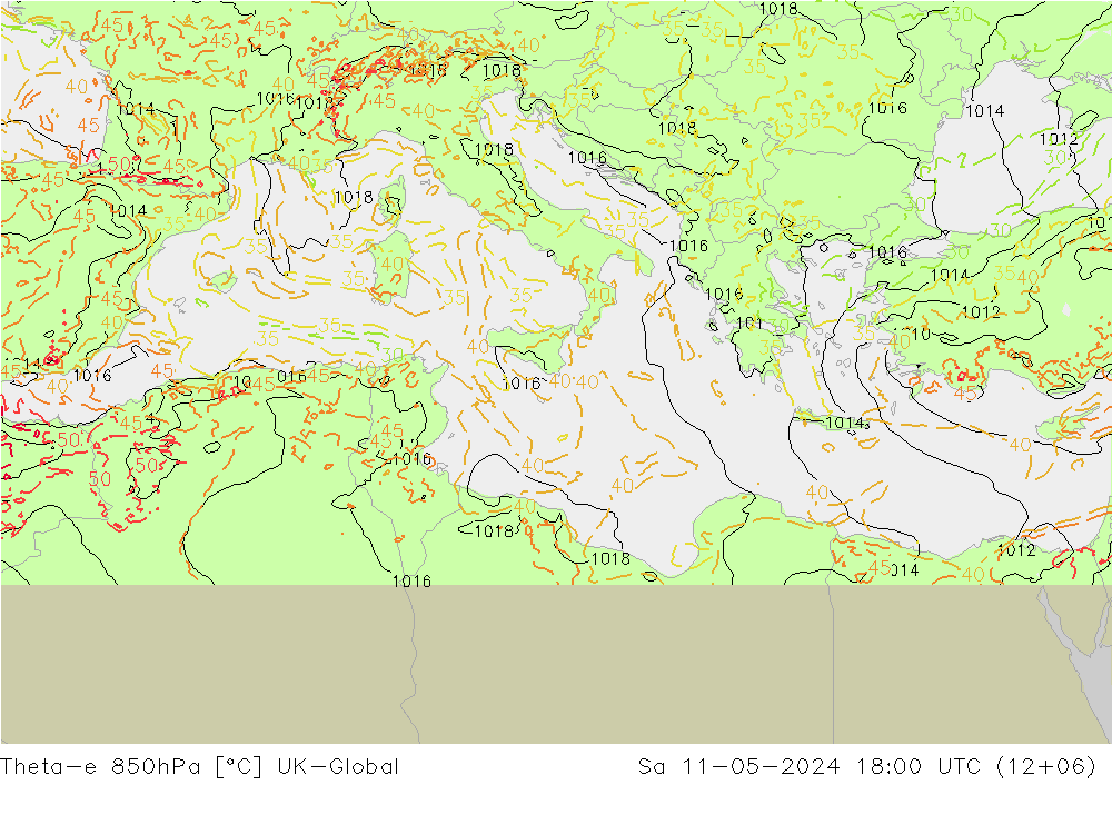 Theta-e 850hPa UK-Global Sa 11.05.2024 18 UTC