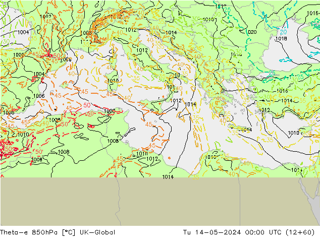 Theta-e 850hPa UK-Global di 14.05.2024 00 UTC