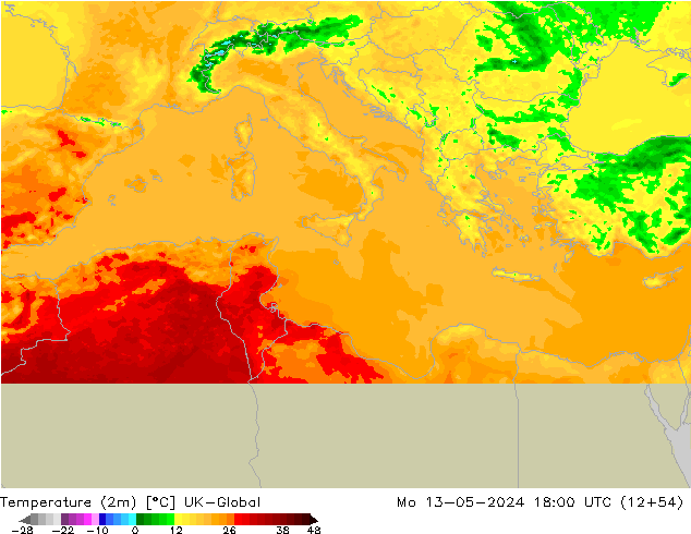 Temperatuurkaart (2m) UK-Global ma 13.05.2024 18 UTC