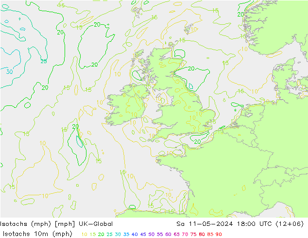 Isotachen (mph) UK-Global za 11.05.2024 18 UTC