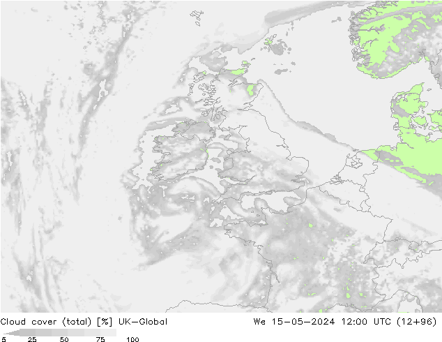 Bewolking (Totaal) UK-Global wo 15.05.2024 12 UTC