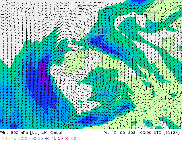 wiatr 850 hPa UK-Global śro. 15.05.2024 00 UTC