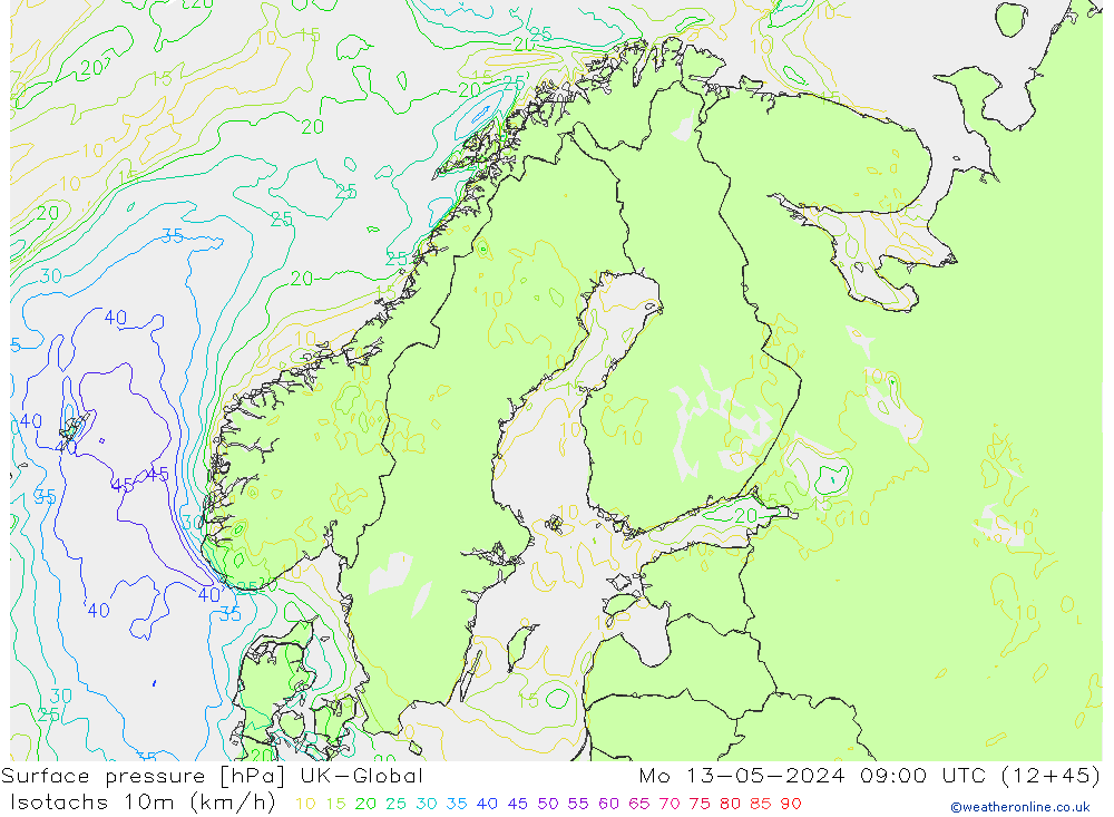 Izotacha (km/godz) UK-Global pon. 13.05.2024 09 UTC