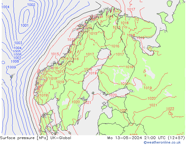 Atmosférický tlak UK-Global Po 13.05.2024 21 UTC