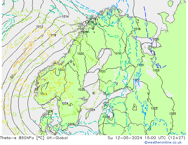 Theta-e 850hPa UK-Global zo 12.05.2024 15 UTC