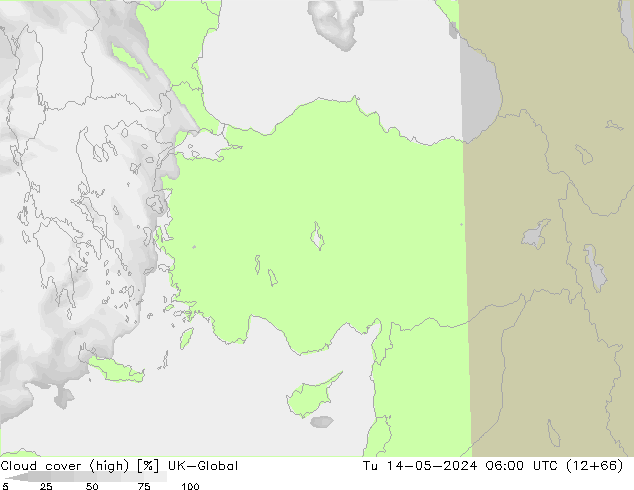 Cloud cover (high) UK-Global Tu 14.05.2024 06 UTC
