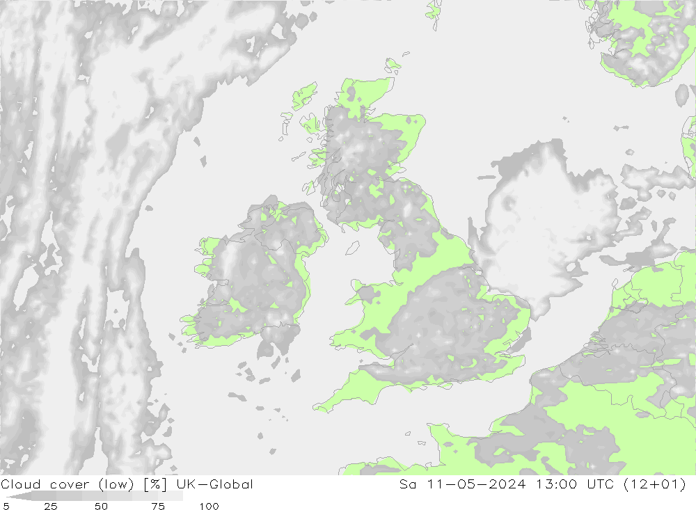 Bewolking (Laag) UK-Global za 11.05.2024 13 UTC