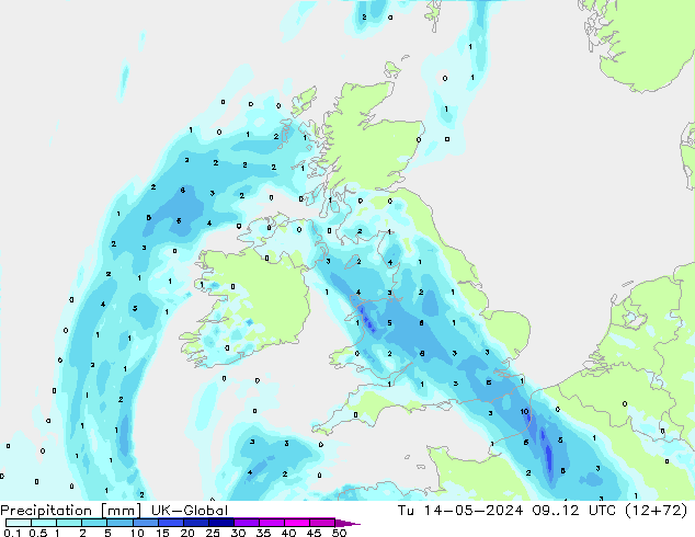 Precipitation UK-Global Tu 14.05.2024 12 UTC