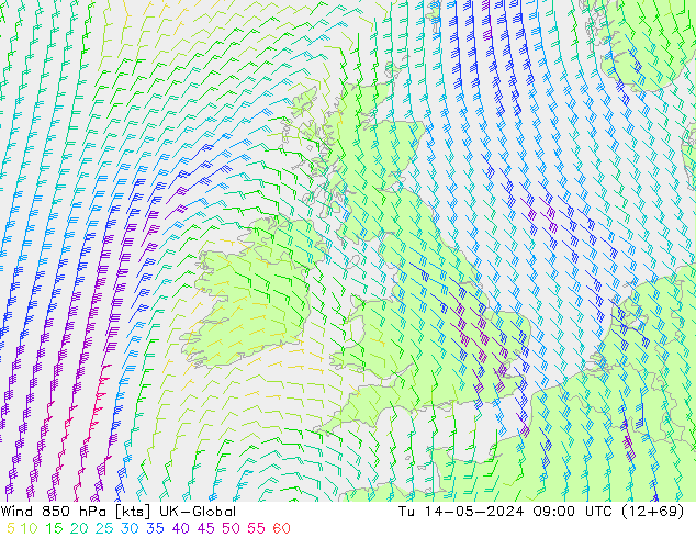 Wind 850 hPa UK-Global di 14.05.2024 09 UTC