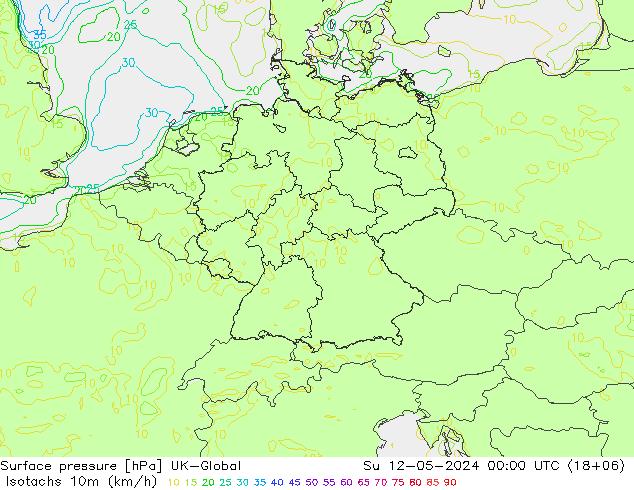Isotachen (km/h) UK-Global So 12.05.2024 00 UTC
