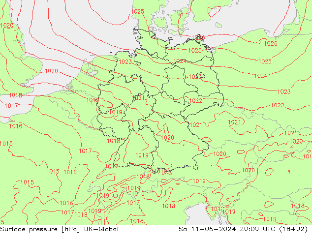 地面气压 UK-Global 星期六 11.05.2024 20 UTC