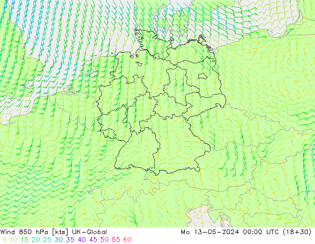 wiatr 850 hPa UK-Global pon. 13.05.2024 00 UTC