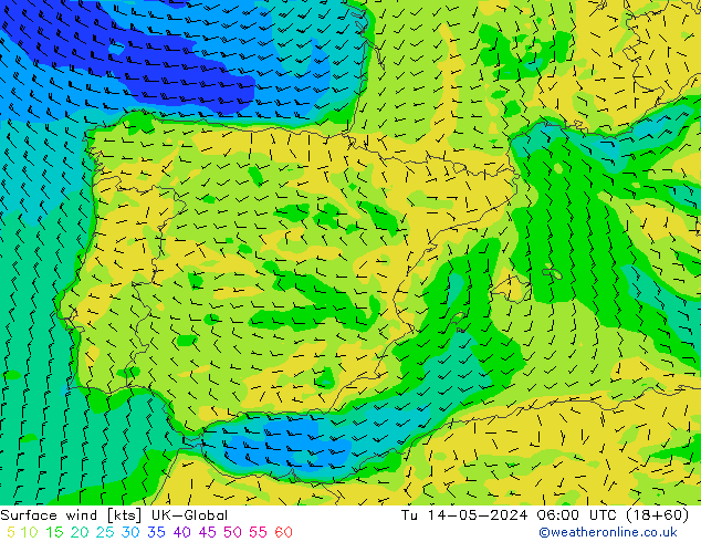 Surface wind UK-Global Út 14.05.2024 06 UTC