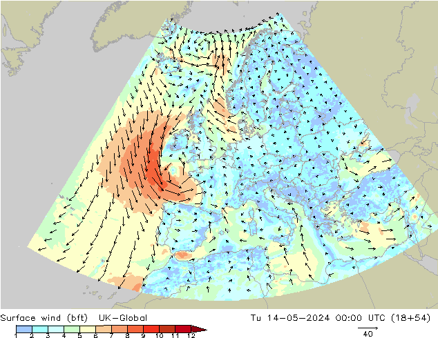 Bodenwind (bft) UK-Global Di 14.05.2024 00 UTC