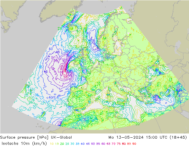 Isotachen (km/h) UK-Global Mo 13.05.2024 15 UTC