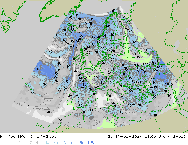 RH 700 гПа UK-Global сб 11.05.2024 21 UTC