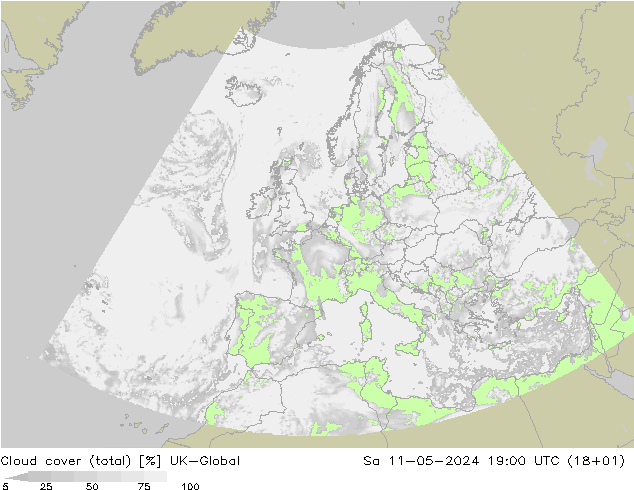 Bewolking (Totaal) UK-Global za 11.05.2024 19 UTC