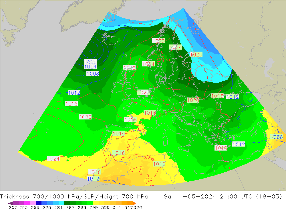 Espesor 700-1000 hPa UK-Global sáb 11.05.2024 21 UTC