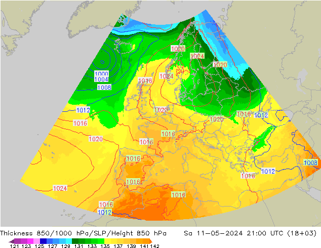 Thck 850-1000 гПа UK-Global сб 11.05.2024 21 UTC