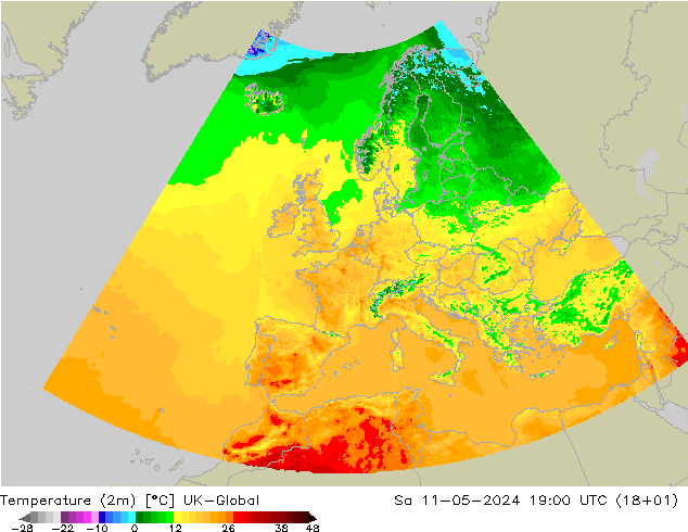 Temperatuurkaart (2m) UK-Global za 11.05.2024 19 UTC