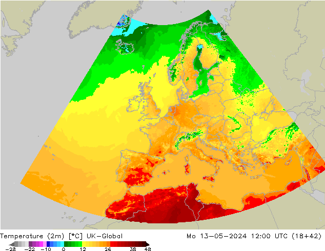 Sıcaklık Haritası (2m) UK-Global Pzt 13.05.2024 12 UTC