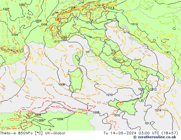 Theta-e 850hPa UK-Global Tu 14.05.2024 03 UTC