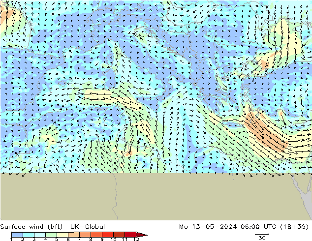 Wind 10 m (bft) UK-Global ma 13.05.2024 06 UTC