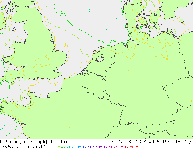 Isotachen (mph) UK-Global Mo 13.05.2024 06 UTC