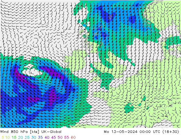 Wind 850 hPa UK-Global ma 13.05.2024 00 UTC