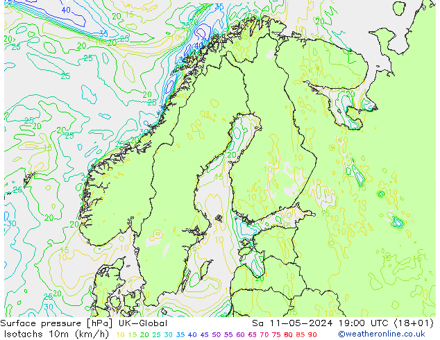 Isotachen (km/h) UK-Global Sa 11.05.2024 19 UTC