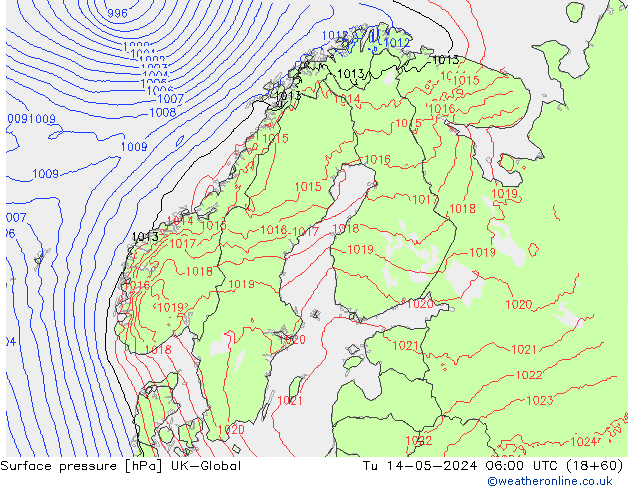 地面气压 UK-Global 星期二 14.05.2024 06 UTC