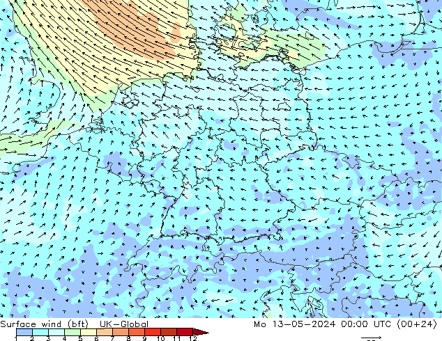Surface wind (bft) UK-Global Mo 13.05.2024 00 UTC